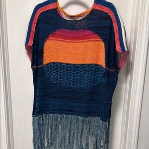 Free People Blue and Orange Shrug with Fringe